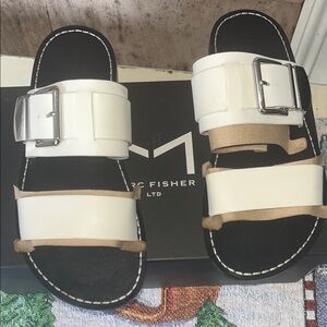 Marc Fisher Cream and Tan Buckle Sandals